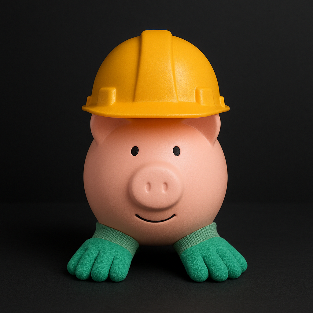 Ein Sparschwein, das Helm und Arbeitshandschuhe trägt