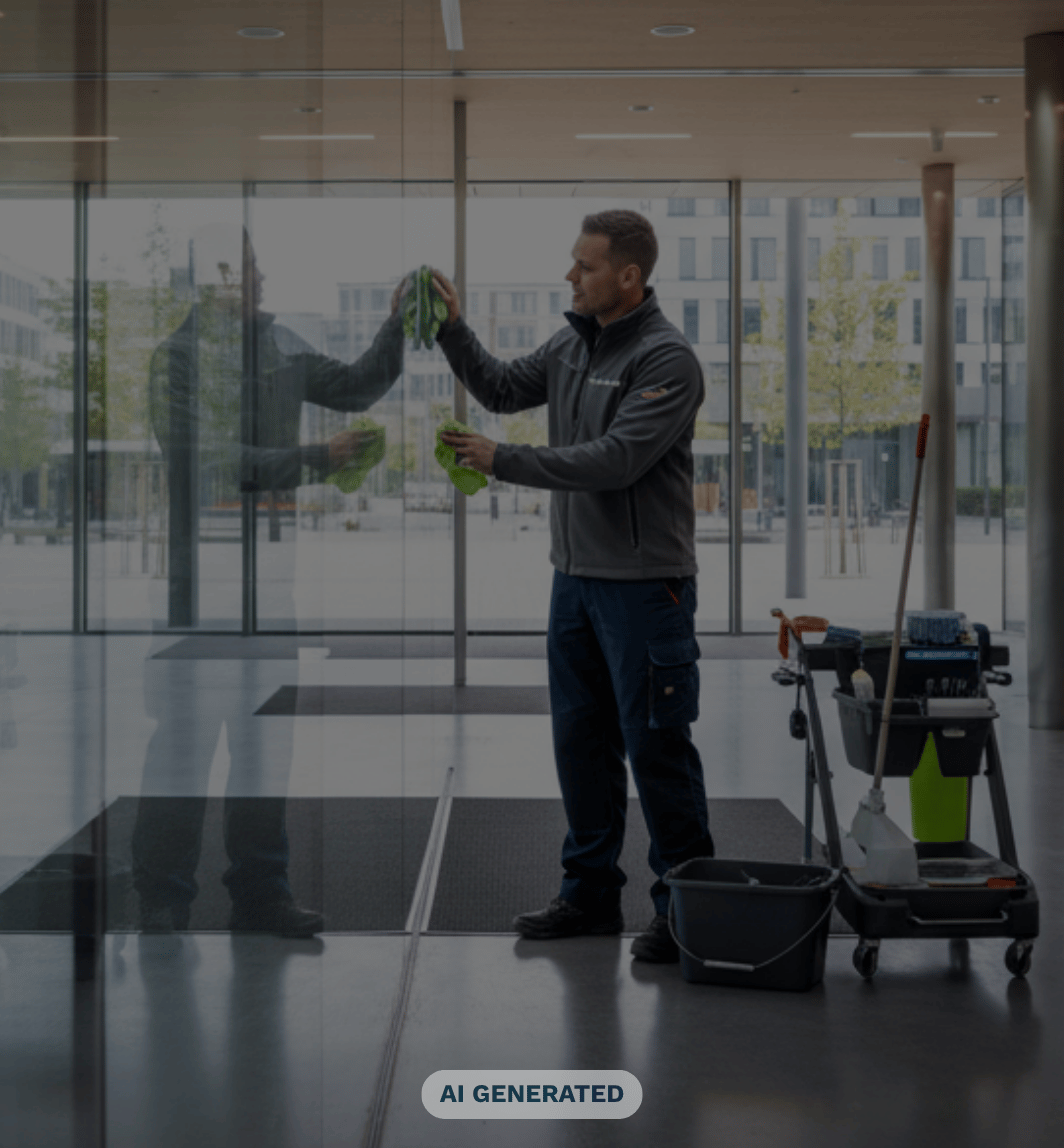 Ein Mann reinigt eine Fensterfläche
